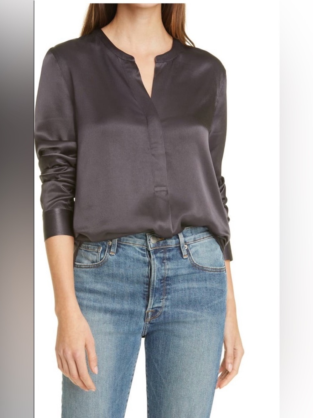 Rails Pearl Slate Black Satin V-Neck Long-Sleeve Popover Top Size Small NWT